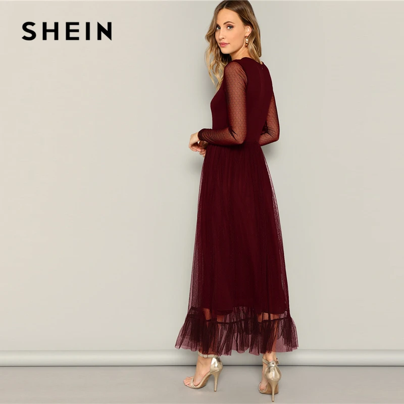 SHEIN Расклешенное Сетчатое Платье С Оборками Летнее Платье С Круглым Вырезом И Длинным Рукавом