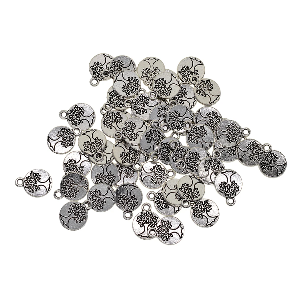 Wholesale 50pcs Tibetan silver color Plated Engraved Tree of life Charms Pendants for Jewelry Making DIY Handmade Craft Accessory 15mm