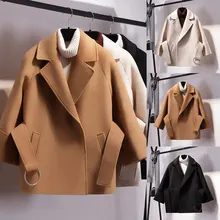 Новинка Осень Зима женское короткое пальто с поясом на талии элегантное женское однотонное модное женское теплое ветрозащитное шерстяное пальто