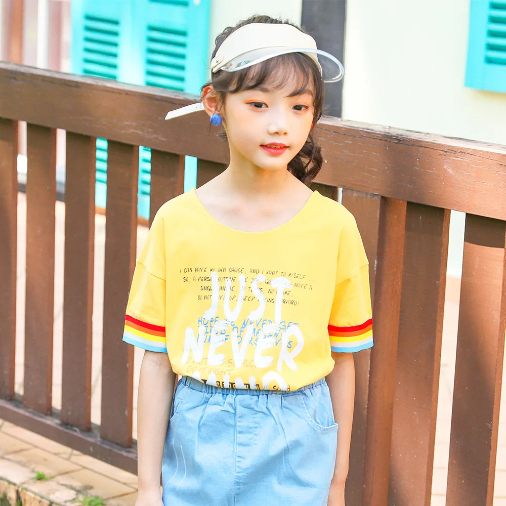 Girls Clothes Short Sleeve T-shirt Cotton Yellow Tops Printed Letters Kids Shirts Children's Clothing Cotton Round-collar