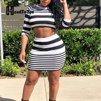 

Striped Half Sleeve Round Neck Slim Tops & High Waist Bodycon Pencil Skirts Set Women Casual 2 Piece Set Outfits Streetwear