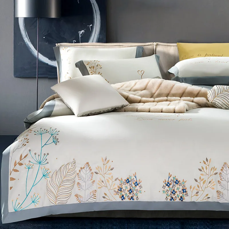 

European Style Luxury Solid Color Embroidery Cotton Bedding Set Duvet Cover Flat Sheet Pillowcase bed linen King Queen Size #sw