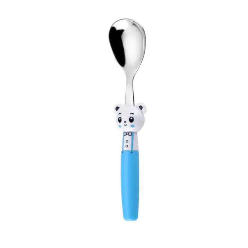 100pcs Cute Kids Spoon Fork Cartoon Bear Handle Stainless Steel Students Tableware for Soup Paste Salad Portable Gifts - Цвет: Blue Spoon