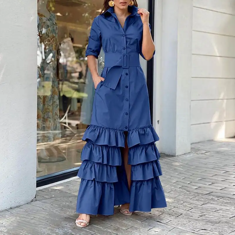 Vestidos para mujer, manga farol, con detalle de solapa, vestido camisero  sin cinturón