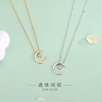 

Ladies Necklace Korean Simple Sterl Silver Inlaid Rhinestone Star and Moon Clavicle Chain Pendant Girl Neck Jewelry Accessories