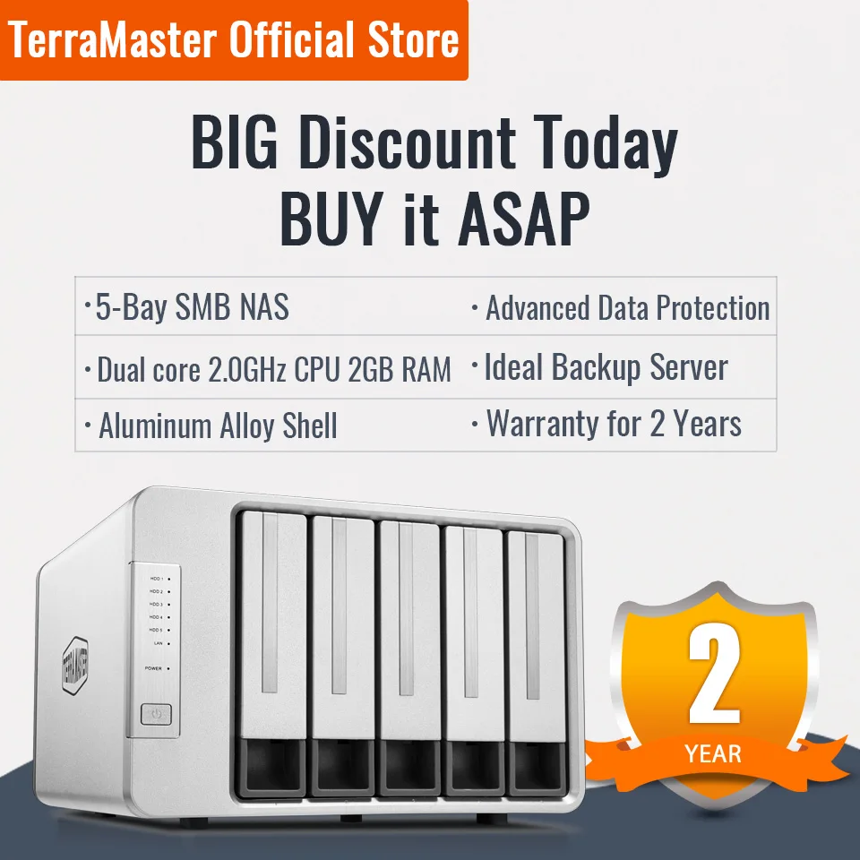TerraMaster F5221 NAS 5Bay Cloud Storage Intel Dual Core 2.0GHz Plex