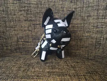 

6color Hot Sale Brown spot Square Pattern Leather Dog Keychain Luxury Old Flower Leather Fashion French Dogfight Dog Car Keyring