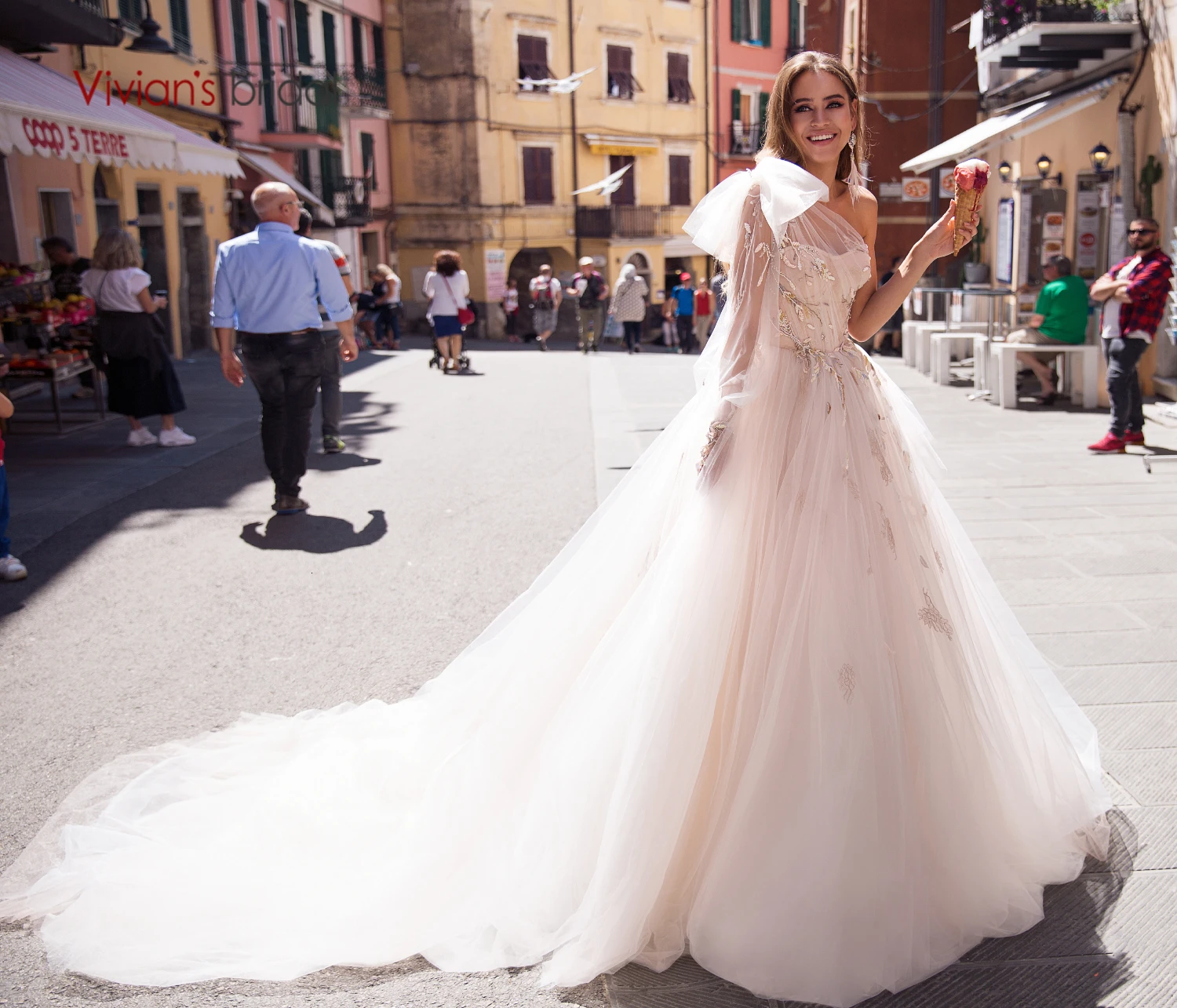 Vivian's bridal lovely одно плечо большой бант мягкий тюль свадебное свободное кружевное платье Бисероплетение цветочный корт Поезд свадебное