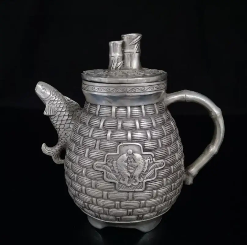 

China White copper fish basket shape teapot crafts statue
