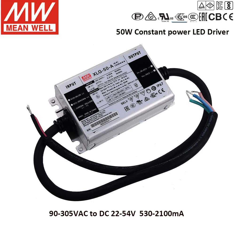 Тайвань Meanwell импульсный источник питания Xlg-50-a 50 Вт постоянного питания светодиодный драйвер Ip67 безопасности PFC
