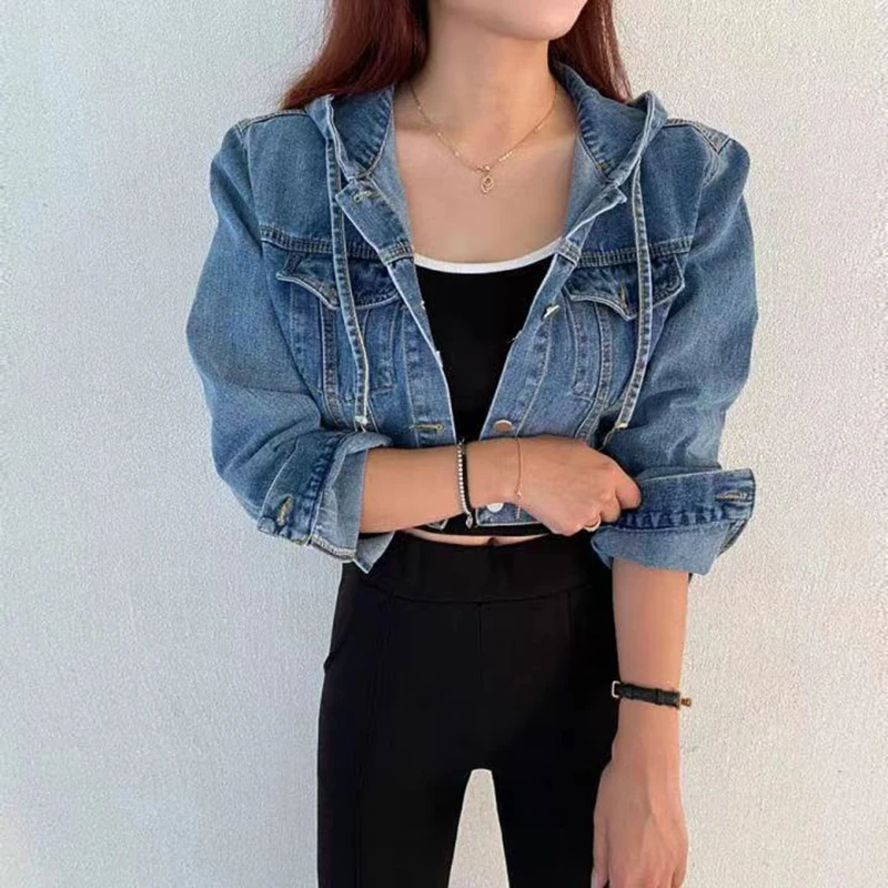 Stylish Blue Hooded Jeans Jacket Women Single-Breasted Short Jeans Coat High Street Harajuku Denim Coat Blue Tops
