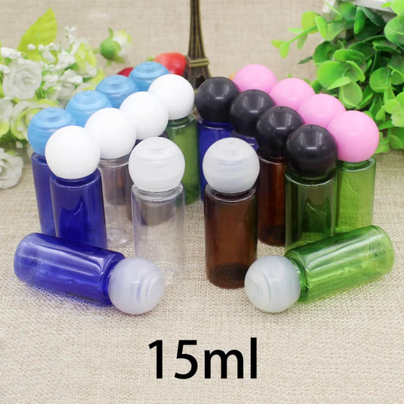 

15ml Plastic Water Bottle with Inner Plug Ball Cap Green Brown Blue Refillable Cosmetic Essential Oil Perfume Package Containers