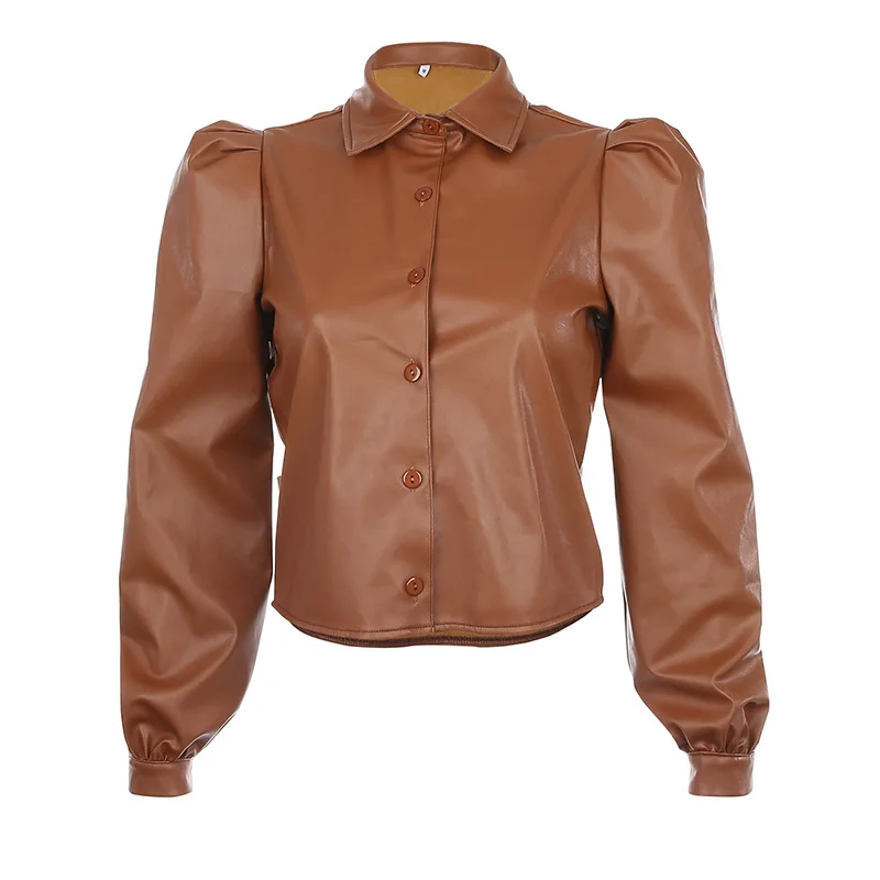 Spring Autumn Leather Women Blouse Casual Vintage Long Sleeve Shirt Blouse Elegant Turn-Down Collar Button Tops Blusa Streetwear