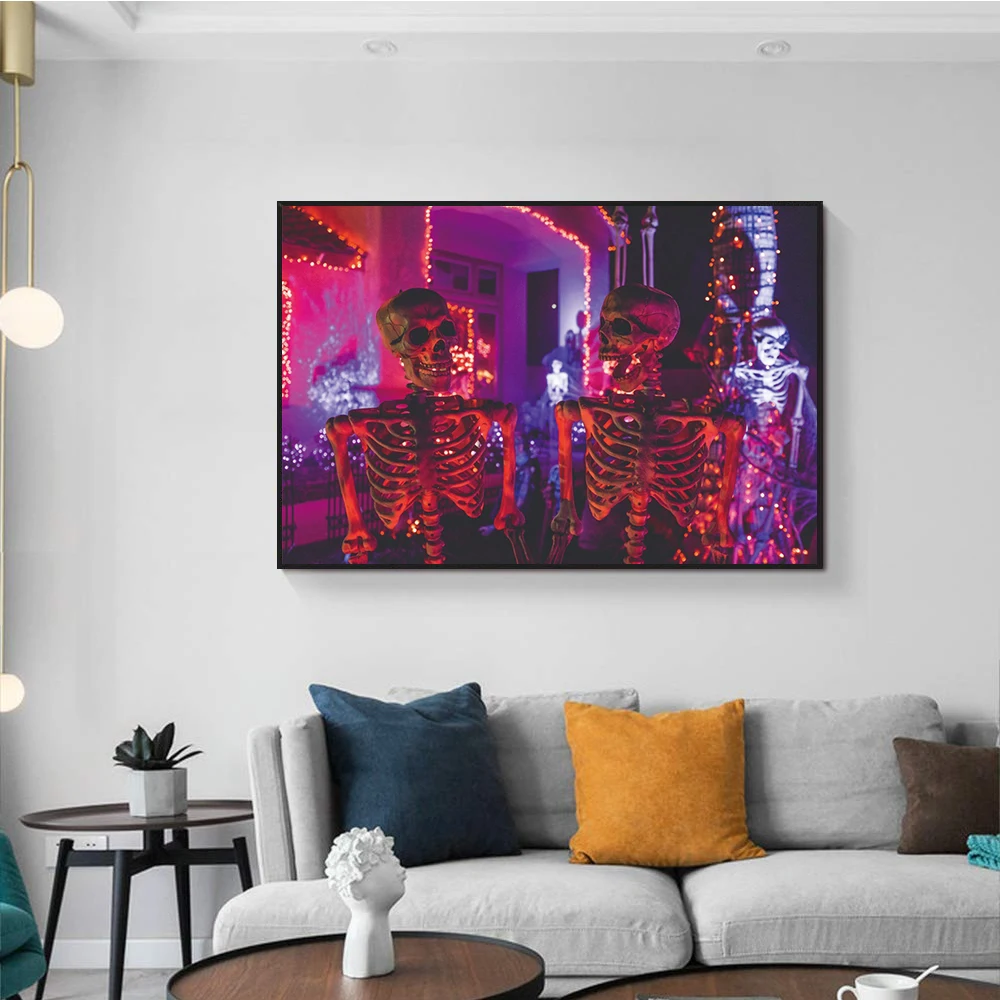 

Laeacco Skull Prom Print On Canvas Poster Halloween Abstract Canvas Painting Wall Art Pictures for Living Room Home Decor