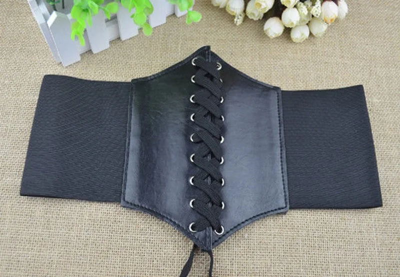 Hot Women's ultra Plus wide belt Faux Leather Elastic corset Belt Front Tie up Waist belt Girl Clothes Decoration gold belt for dress