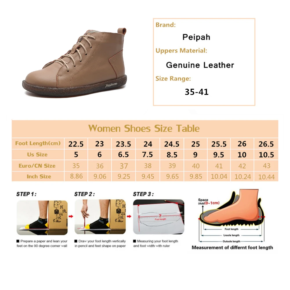 PEIPAH Women's Genuine Leather Shoes Woman Winter Boots Female Rubber Ankle Boots Flat With Fur Lace-Up Shoes Botines Mujer