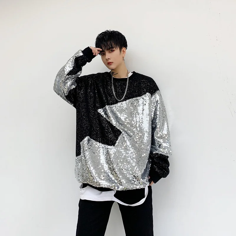 

Men Autumn Winter Sequin Splice Loose Casual Fleece Pullover Hoodie Male Streetwear Hip Hop Sweatshirt Outerwear Stage Clothing
