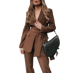 Outono 2021 novo terno casual terno cor sólida longo mangas compridas terno jaqueta magro calças de duas peças elegante moda roupas femininas