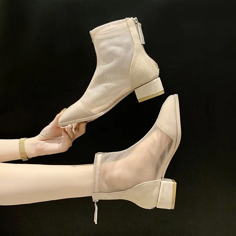 

2020 summer new net boots fashion Korean version of the open mesh back zipper Baotou thick heel women's boots zapatos de mujer