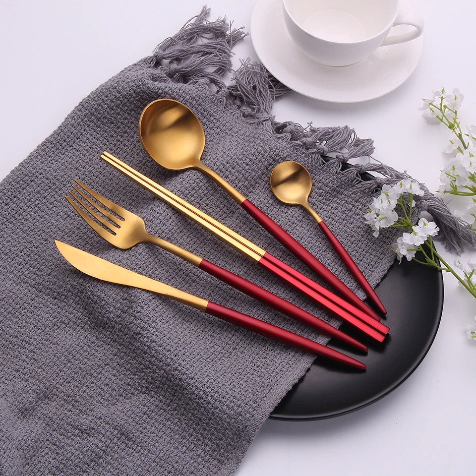 

Red Gold Fork Spoon Knife Set Dinnerware Stainless Steel Cutlery Chinese Chopsticks Cutlery Tableware Stainless Steel Spoon Set