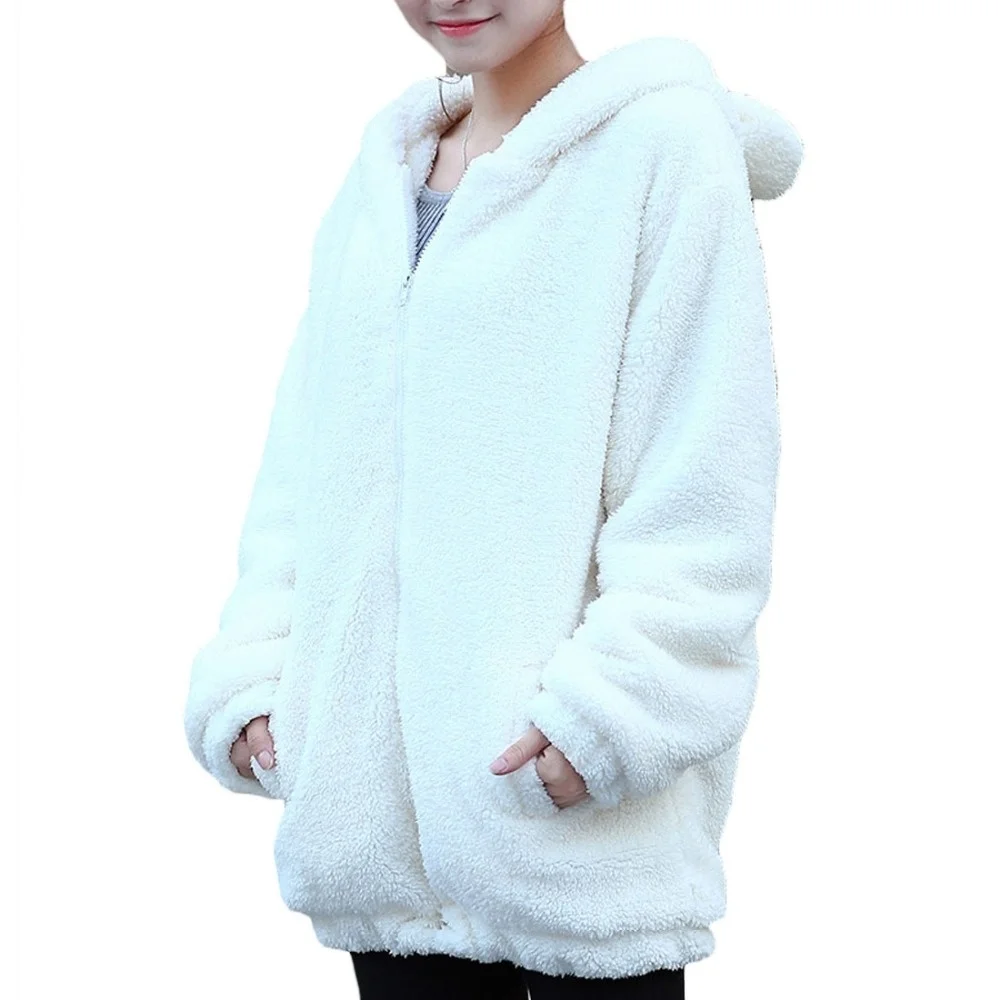 

Vertvie 2019 Autumn Winter Fleece coat women kawaii Rabbit Ear hooded Sweatshirts female zipper pockets teddy coat outerwear