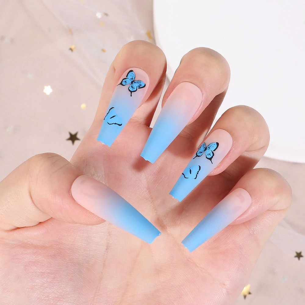 24pcs/set Matte Frosted False Nails Coffin Blue Butterfly Design ...