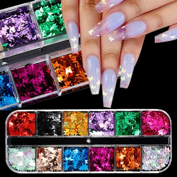 

12 Grid/Set Holographics Nail Glitter Sequins Sparkly 3D Thin Butterfly Flakes Polish Decorations for Nail Art Accessories