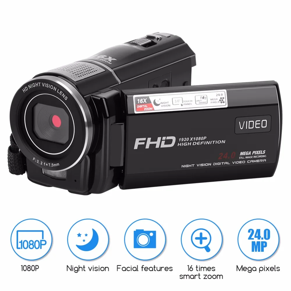 1080P 24MP цифровая видеокамера с 16-кратным зумом и 3-дюймовым сенсорным экраном, инфракрасная камера ночного видения с дистанционным управлением, штепсельная вилка США