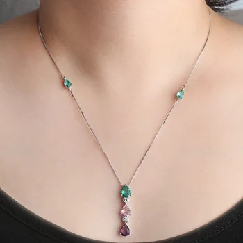 

MultiColor Water drop Crystal Zircon Long Pendant Necklace For Women Gold color chain green stone Unique party Statement Jewelry