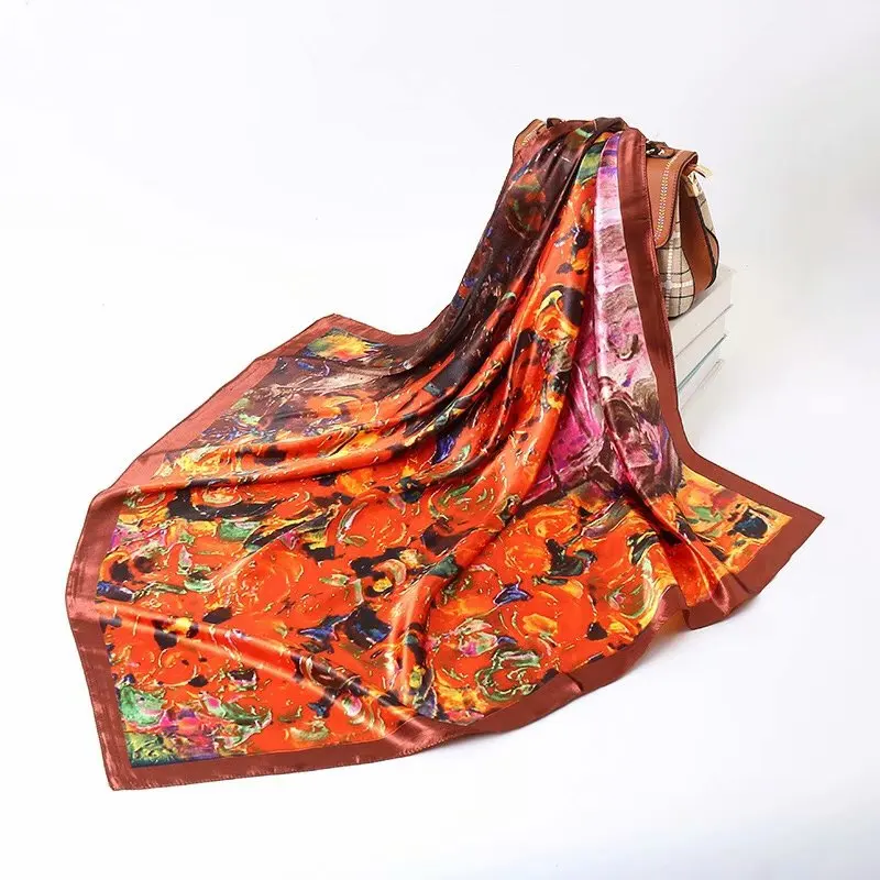 

Scepter Pattern Printed Ink Blue Scarf Women Embroidered Silk Handkerchief Square Bandana Foulard Neckerchief Female DF018