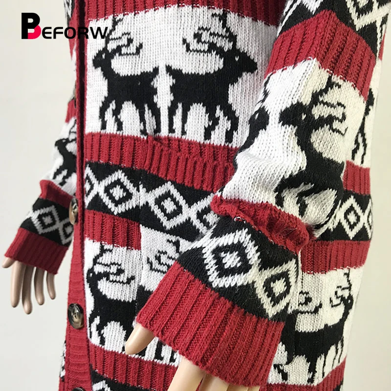 BEFORW Fashion Women Reindeer Pattern knitted Oversized Cardigan Sweater Fall Winter Loose Christmas Sweaters Cardigans