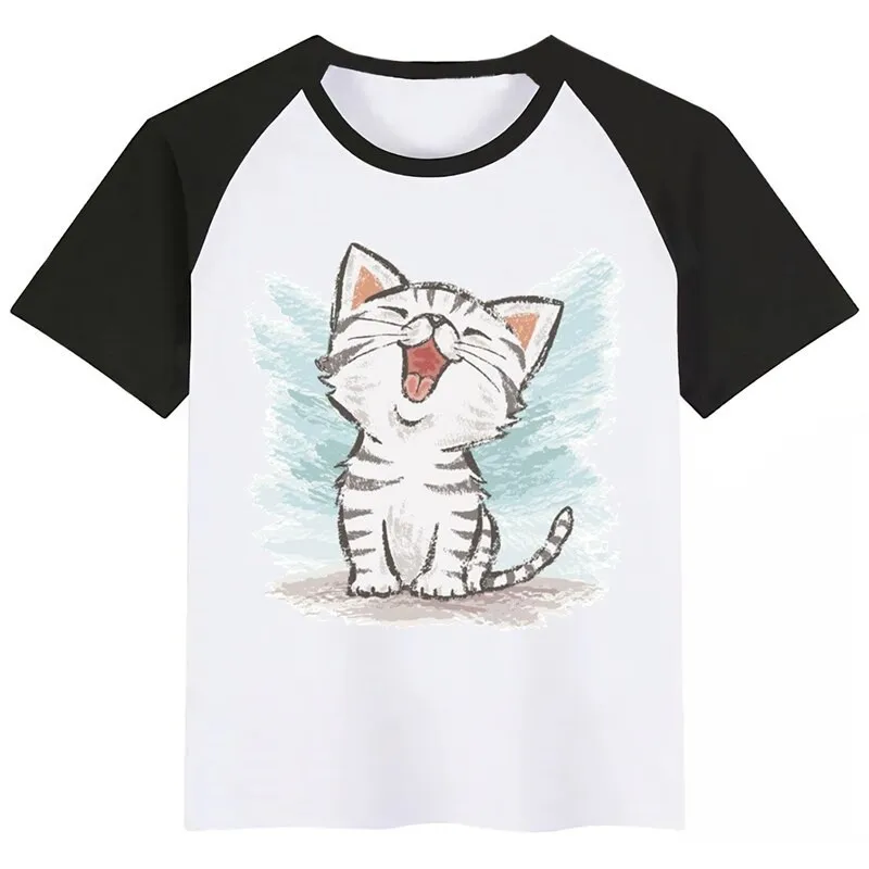 

Boys Girls American Shorthair Happy Cat Print T-shirt Kids Summer Short Sleeve Tops Children Funny Cute Tshirt Baby Clothes