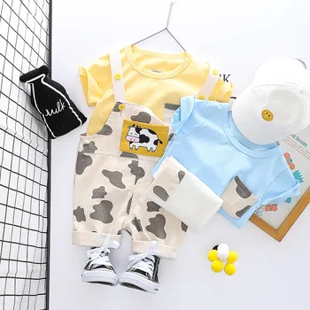

Summer Baby Boys Short Sleeve T-shirt Tops + Cartoon Cow Overalls Pants Kids Clothing Sets Girls Casual Sports 2Pcs Suits