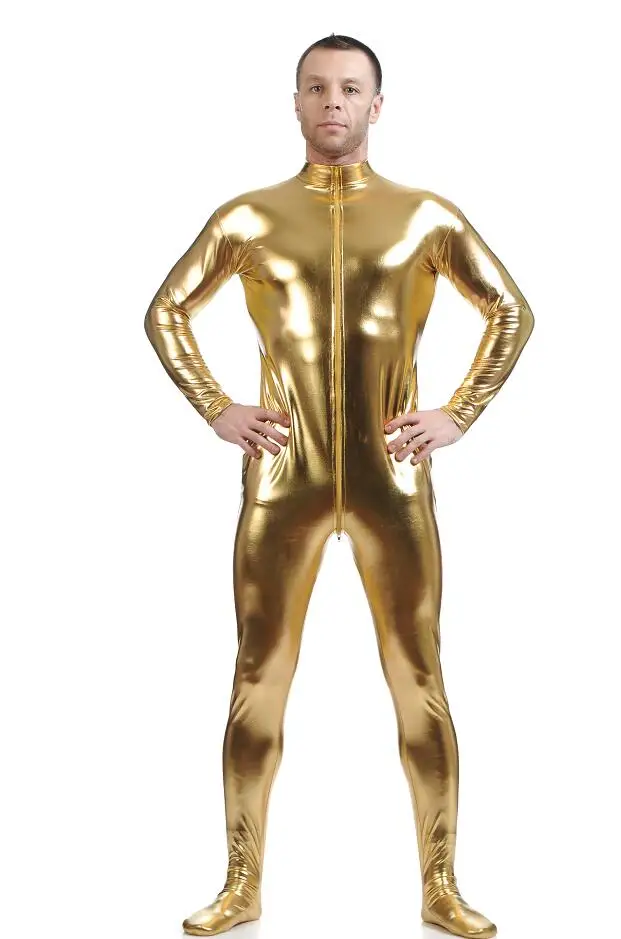 Men Latex Suit Black Shiny Metallic Tights Gold Zentai Suit Full Body Unitard Skin Bodysuit Zipper Front catsuit cosplay costume adult unitard latex lingerie mens bondage lingerie