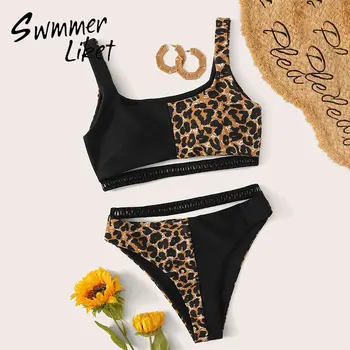 

High waist swimsuit women Patchwork bikini set Leopard print swimwear female Bandeau bathing suit Hollow out swim suit 2020 new