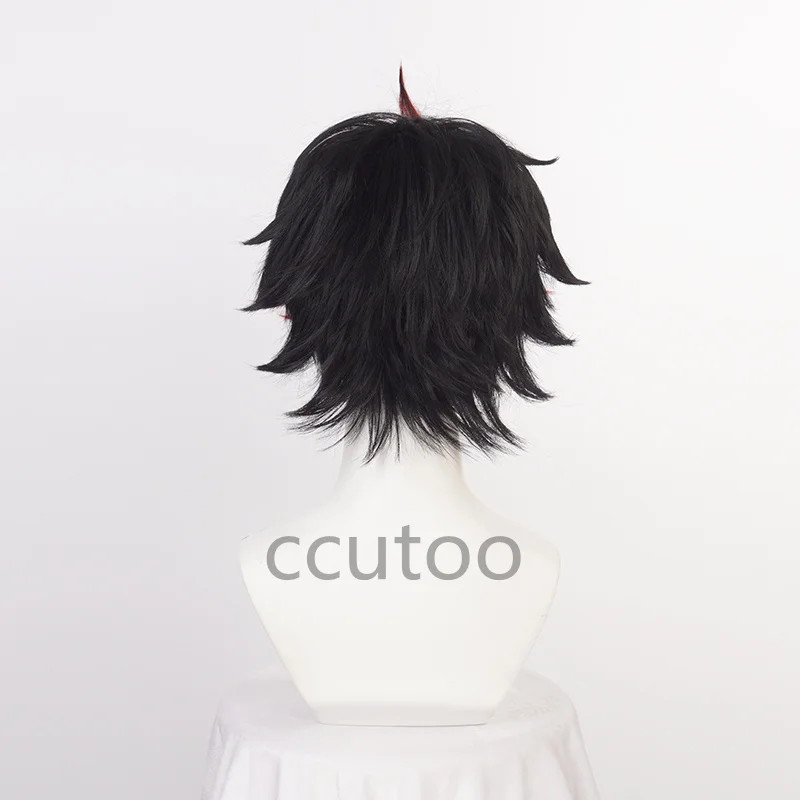 Show By Rock!! Crow Guren Cosplay Wig Short Black Red Bangs Mixed Heat Resistant Synthetic Hair Halloween Party + Wig Cap