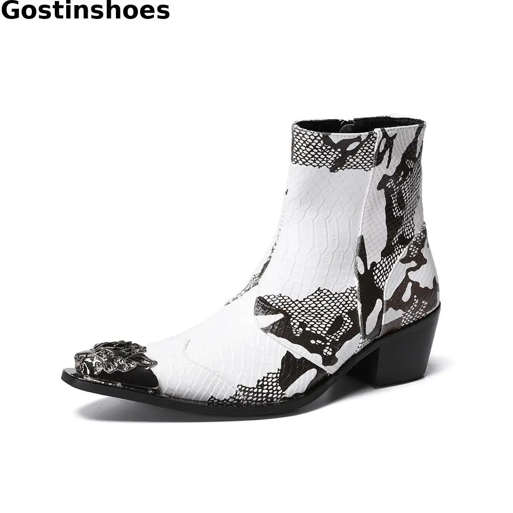 

White And Gray Snakeskin Printed Genuine Leather Men Boots Metal Cap Toe Pointed Side Zipper Men Work Boots Short Ankle Boots