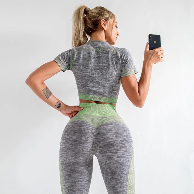 Seamless Women Yoga Set Workout Sportswear Gym Clothing Fitness Long Sleeve Crop Top High Waist Leggings