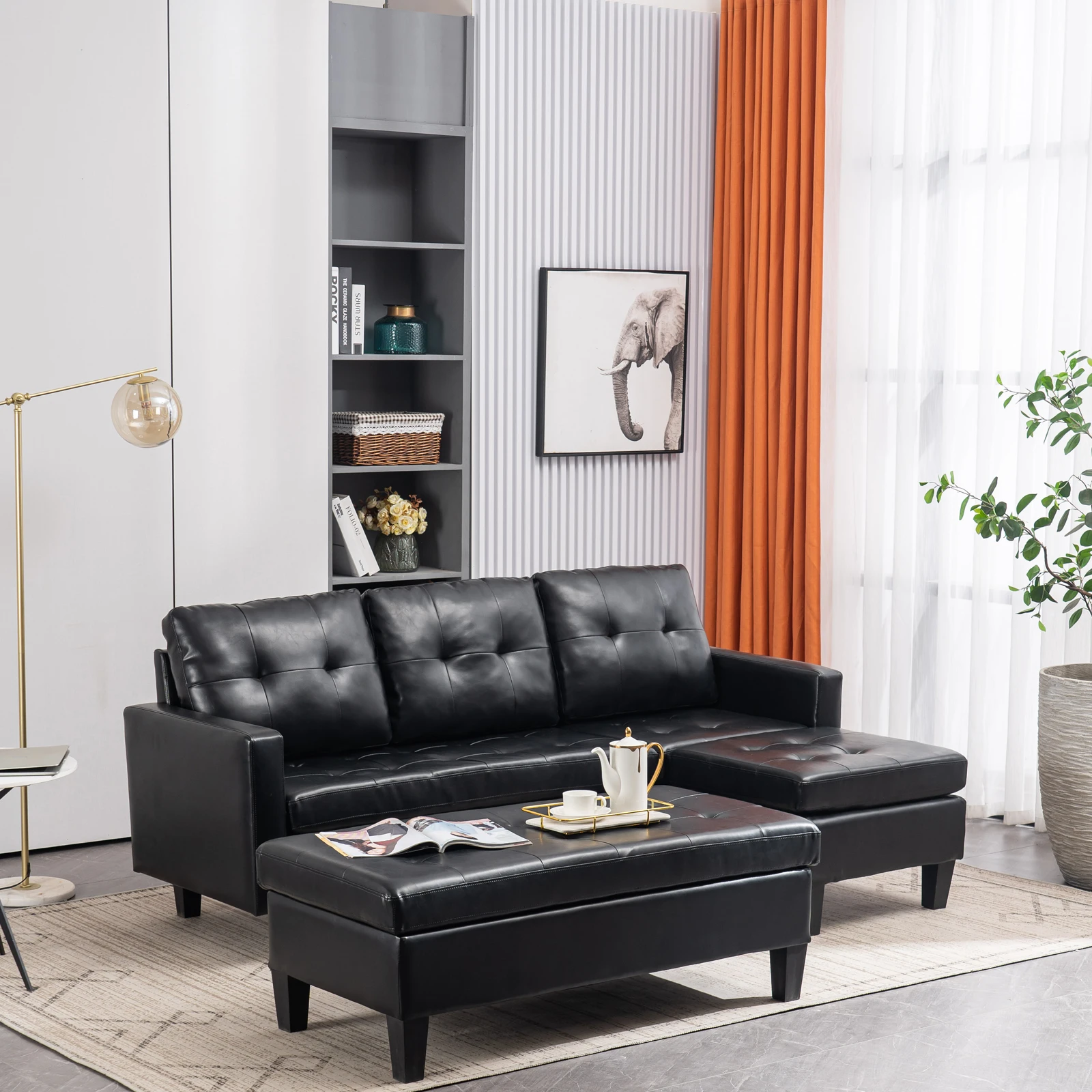 

L-shaped 3-Seat Indoor Sofa Variable Combination Solid Wood Soft Bag PU 194x67x83CM Black/White Simple Nordic Style[US-W]