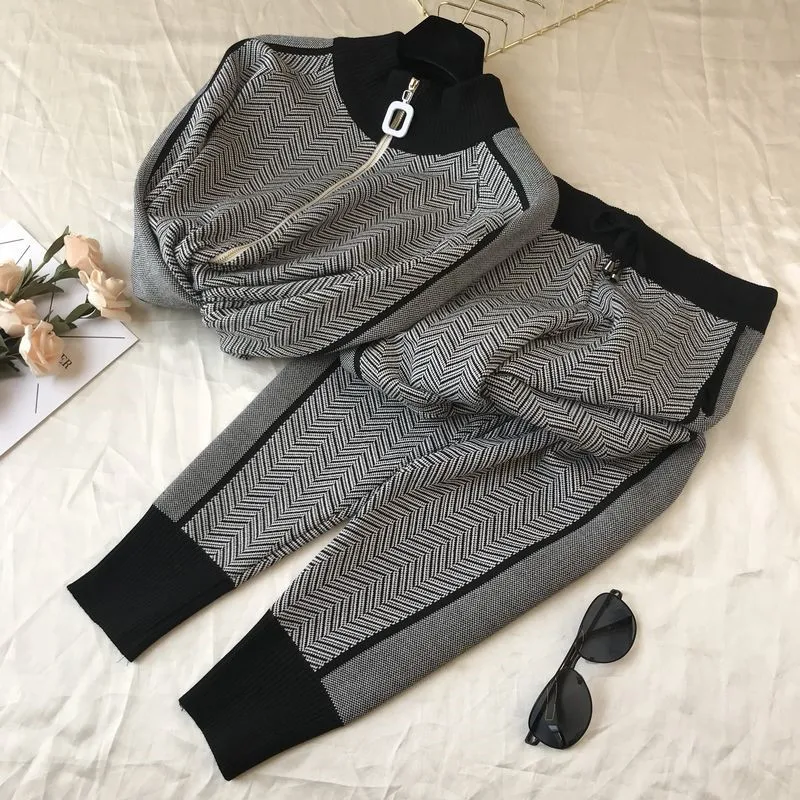 picture color CBAFU, Модный женский спортивный костюм, из кусков, водолазка, на молнии, вязаный кардиган, свитер, брюки, костюм, комплект из 2 предметов, брюки, эластичные, P570 - Цвет: picture color
