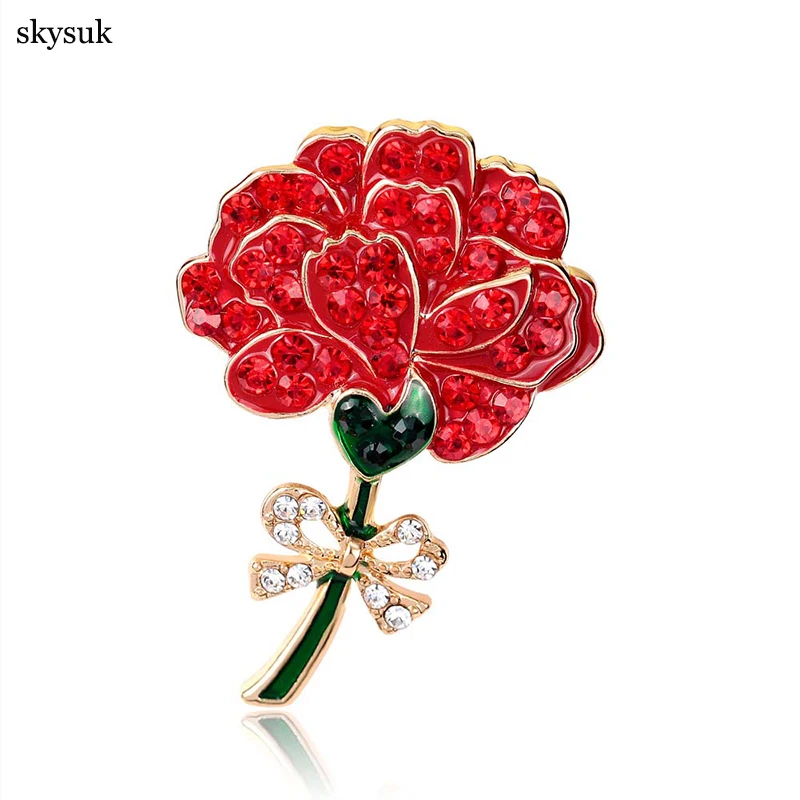 Skysuk-디아망떼 크리스탈 에나멜 카네이션 브로치 핀, 라인석 붉은 꽃 브로치, 여성 의류 액세서리, 어머니의 날 선물