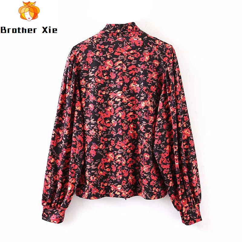 

Floral Print Women Tops Vintage Long Bow Tie Ladies Blouse Elegant Loose Pleated Shirt Fashion Female Tunic Tops