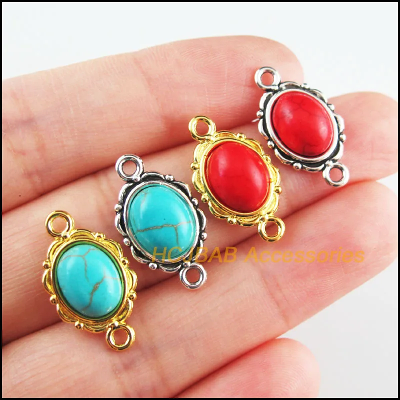 

18Pcs Retro Gold Color Tibetan Silver Tone Oval Flower Blue&Red Stone Charms Connectors 12x21mm
