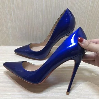 

Ruby Blue Patent Leather High Heels Shoes Women Pointed Toe Slip on Pumps Shoes Women Stiletto Heel Banquet Party Shoes
