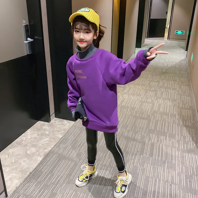 

2019 New Style Korean-style CHILDREN'S Suit Girls Fall And Winter Clothes Big Boy Children Lettered High Collar Hoodie Leather P