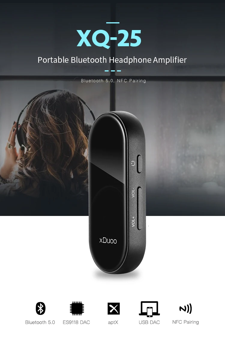 XDUOO XQ-25 портативный Bluetooth 5,0 aptX усилитель для наушников ES9118 DAC NFC Сопряжение