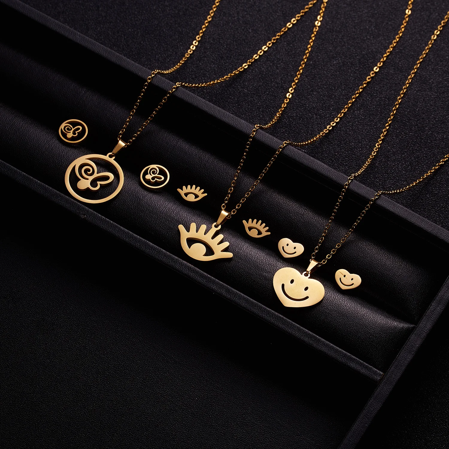 RINHOO Flower Gold Color Stainless Steel Sets For Women Smile Face Butterfly Fish Bone Necklace Earring Set Wedding Jewelry - Image 6