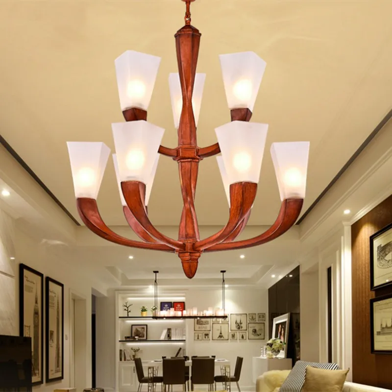 Foyer Parlor High ceiling chandelier Red wood LED suspension luminaire American vintage light glass chandeliers hotel furniture | Освещение