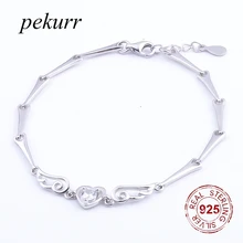 Pekurr 925 стерлингового серебра угол крылья из перьев Любовь Циркон Сердце ювелирные изделия Женский браслет модные очаровательные аксессуары для женщин