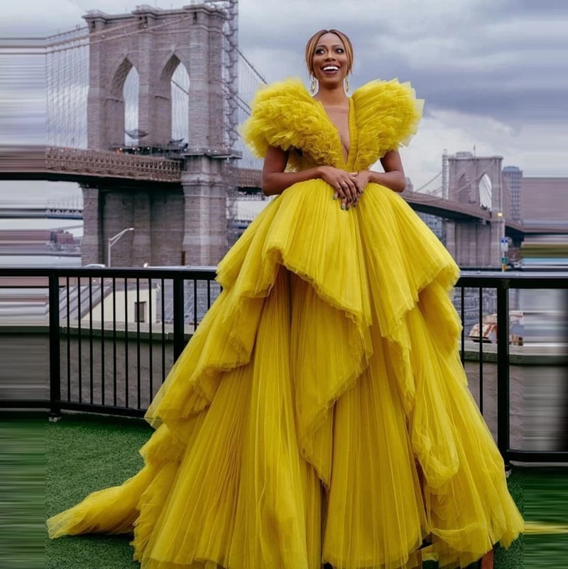 Vestidos de con cuello en V, vestido de bola de tul, volantes, amarillo, para Año Nuevo, vestido de novia largo con volantes|Vestidos de noche| -